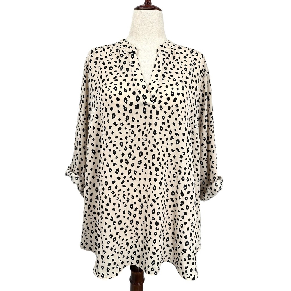 LUSH Beige & Black Animal Print V-Neck Blouse Roll Tab Sleeves Women's Plus 3X